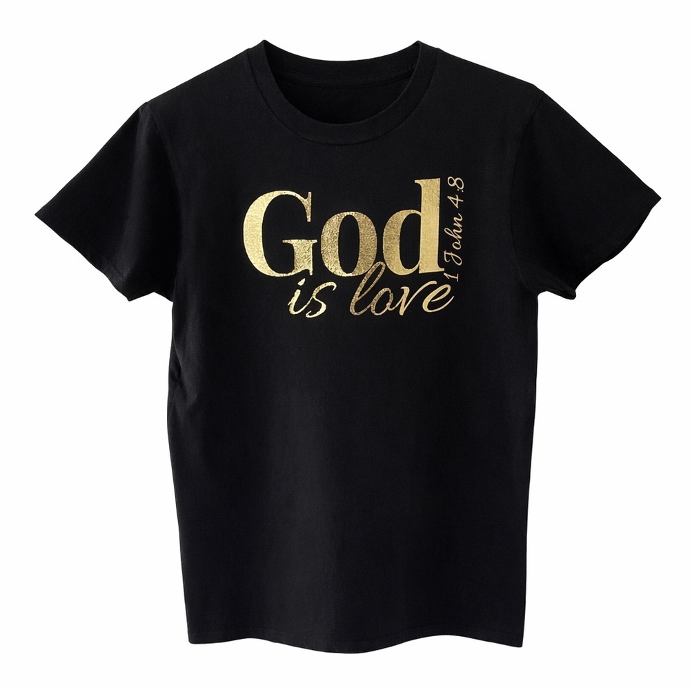 Handmade Christian Graphic Tee God Is Love Gold Foil Black Unisex Small